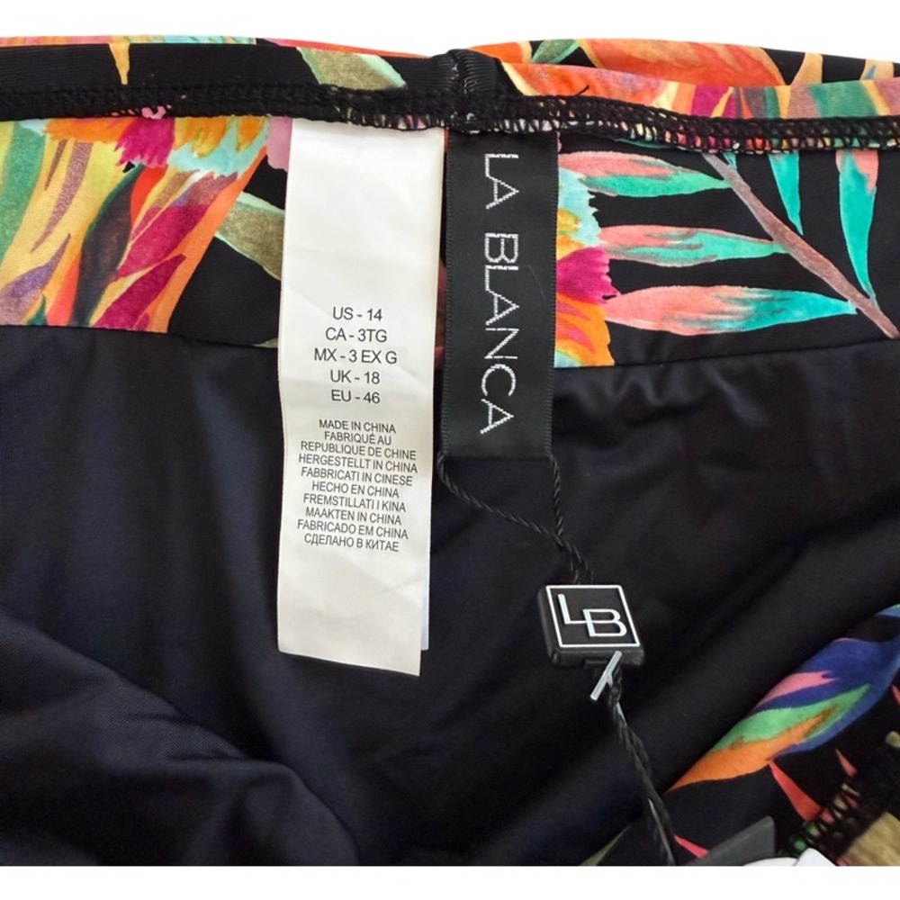 LA BLANCA Tropical Leaf Print Foldover Bikini Bottoms Black Orange Green Size 14 - Picture 6 of 8